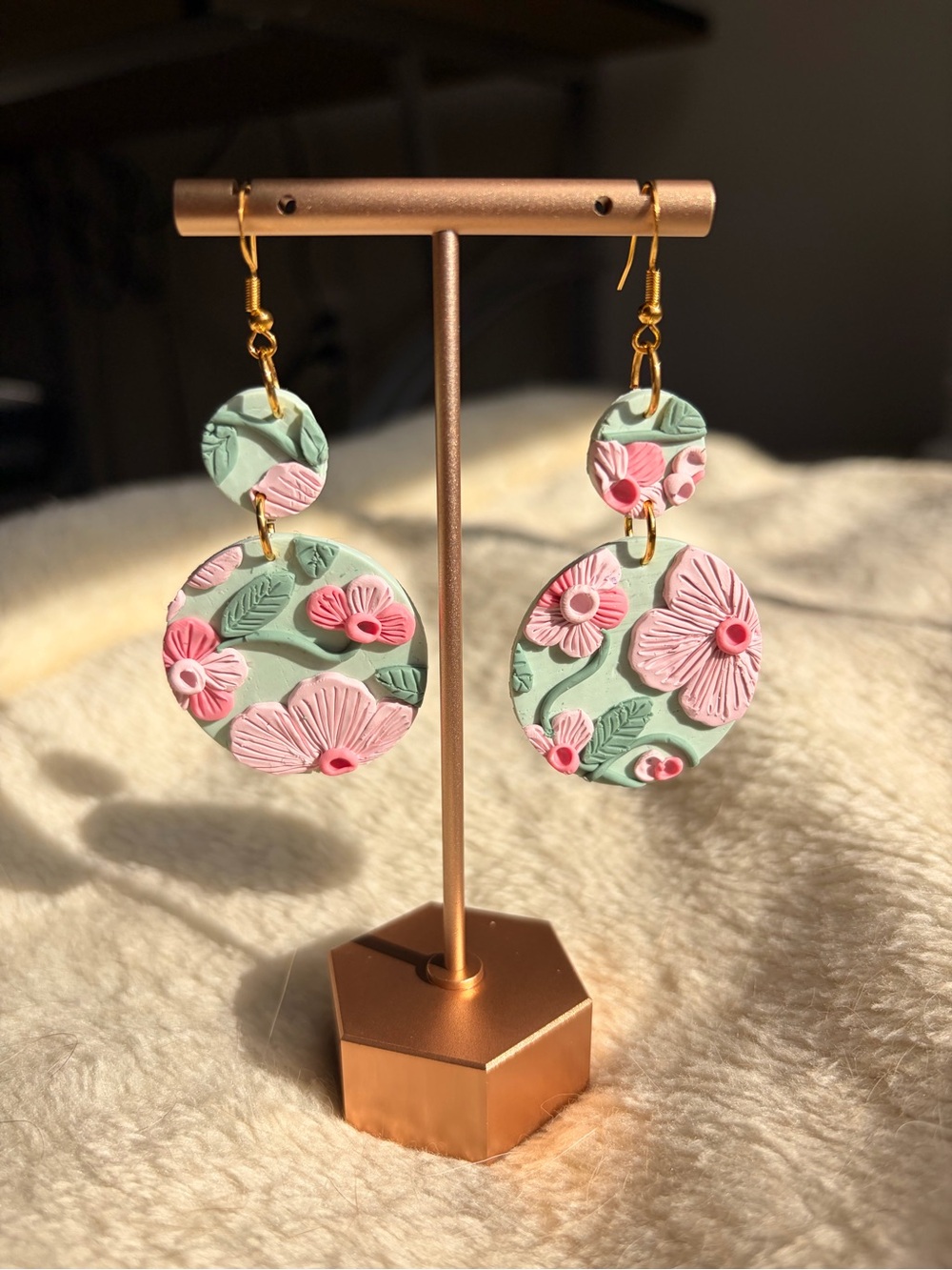 Handmade Pink Floral Drop Earrings with Mint Base